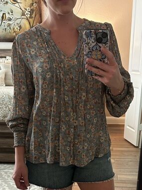 mine Blue Floral V-Neck Pleated Peasant Top